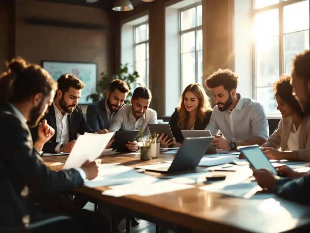 Diverse office workers collaborating around conference table with documents, tablets, and laptops in bright meeting room