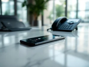 Modern smartphone and traditional black desk phone on polished conference table in corporate office with natural light.