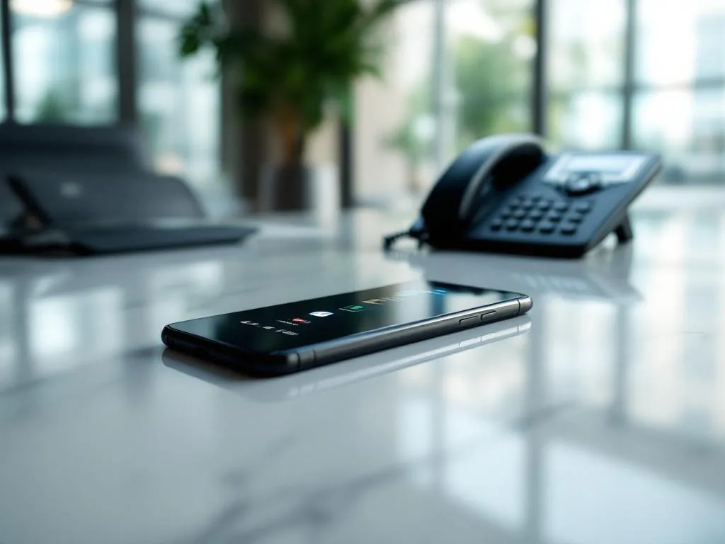 Modern smartphone and traditional black desk phone on polished conference table in corporate office with natural light.