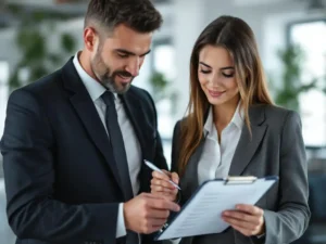 Professional businesswoman reviewing checklist on clipboard while male colleague points to document in modern office