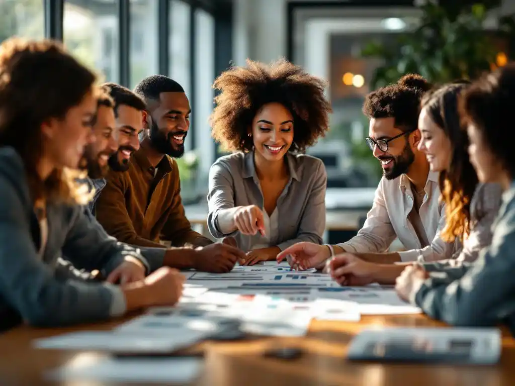 Diverse business team collaborating around conference table as colleague points to charts and diagrams during meeting.