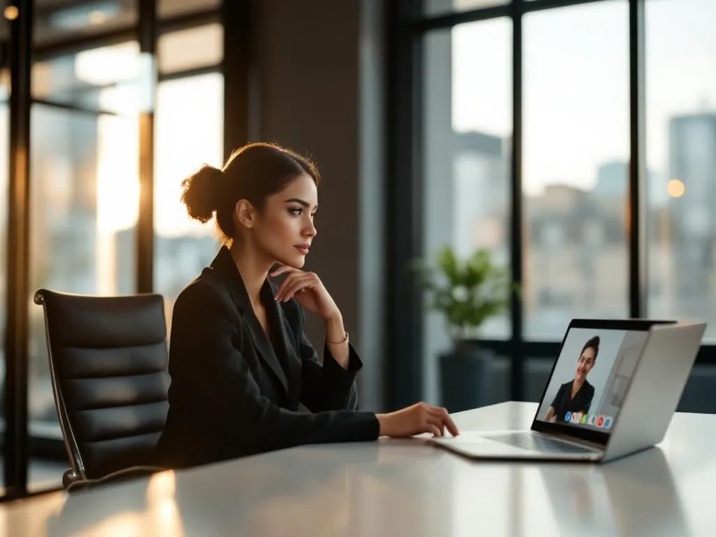 Professional businesswoman at conference table with laptop video call, looking at empty chair in modern office