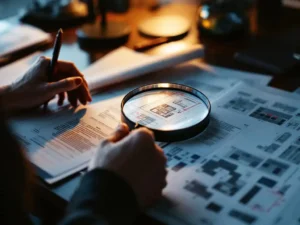 Businesswoman examining instruction manual with magnifying glass, red pen and marked paperwork on illuminated desk