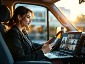 Businesswoman using smartphone in delivery van with laptop showing video conference call, parked outside office building