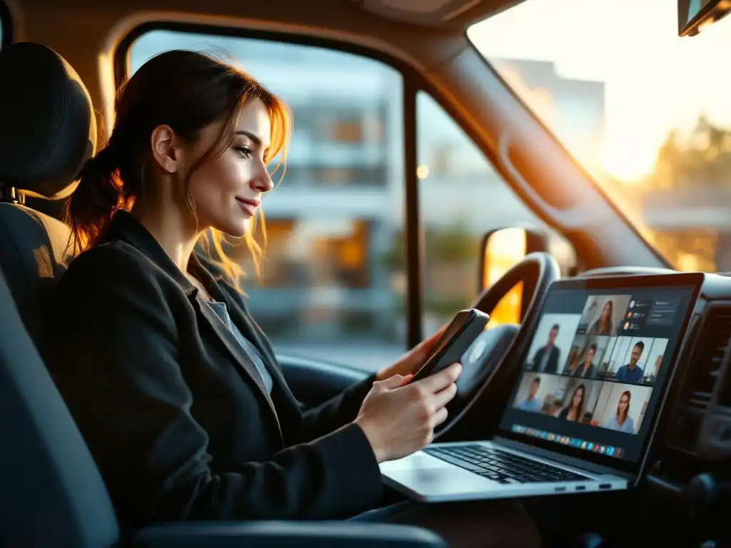 Businesswoman using smartphone in delivery van with laptop showing video conference call, parked outside office building