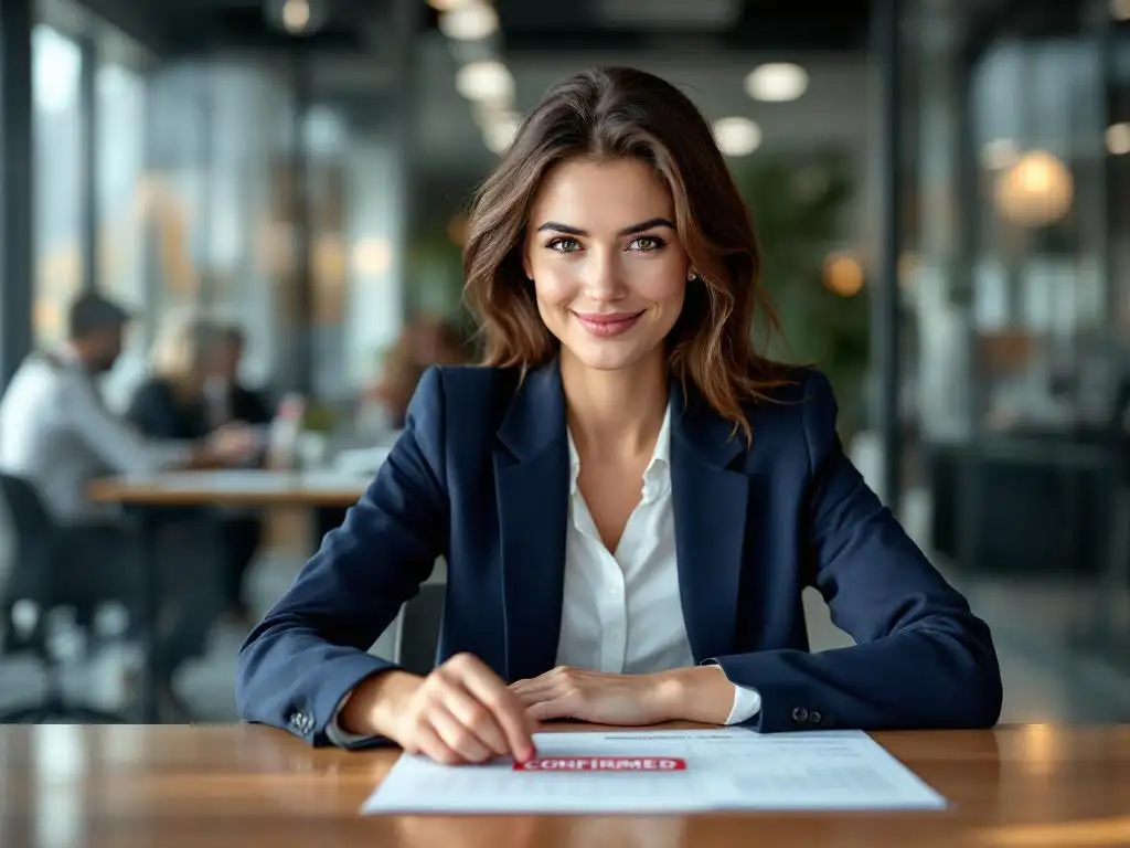 Businesswoman in navy blazer stamping red "CONFIRMED" on training calendar at conference table in bright office