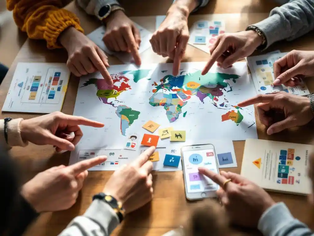 Diverse hands pointing at colorful communication tools on wooden table including pictogram cards, smartphone, and phrasebooks