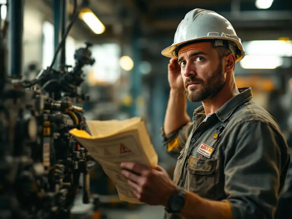 Construction worker looking confused while holding crumpled safety manual next to complex industrial machine in workshop