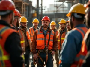 Diverse construction crew in safety meeting with supervisor demonstrating harness use, wearing hard hats and safety vests.