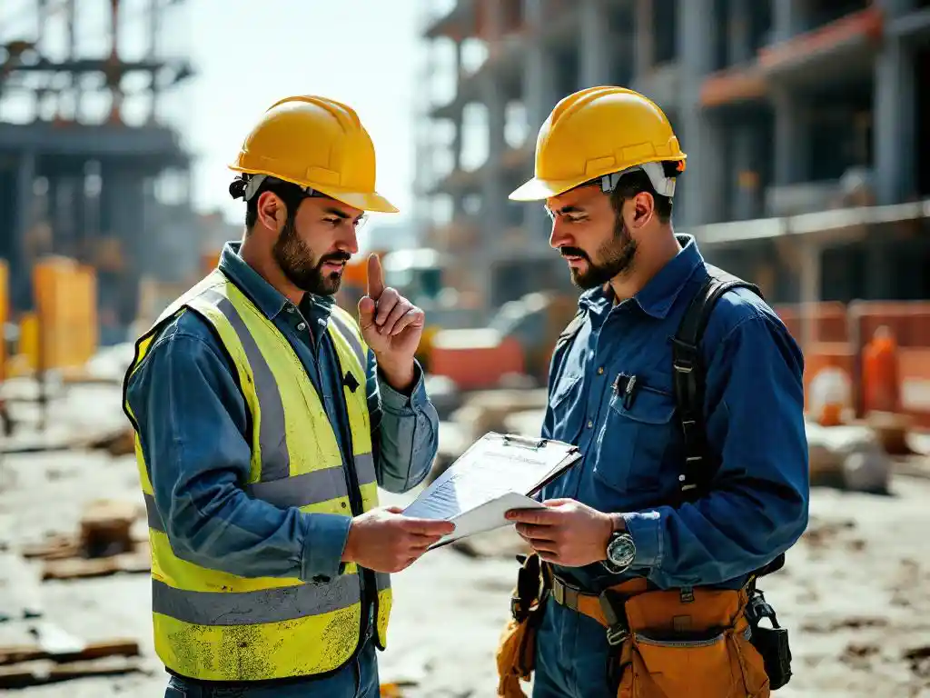 Construction foreman in yellow hard hat discussing safety checklist with subcontractor on organized job site