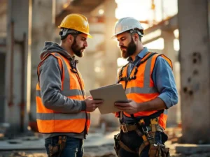 Safety supervisor with clipboard observing construction worker adjusting hard hat and harness at active building site