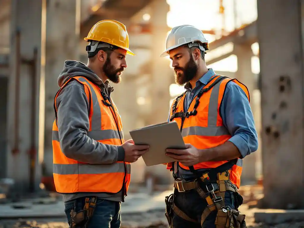 Safety supervisor with clipboard observing construction worker adjusting hard hat and harness at active building site