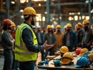 Construction foreman in yellow hard hat conducting safety briefing to diverse group of workers with PPE equipment on table