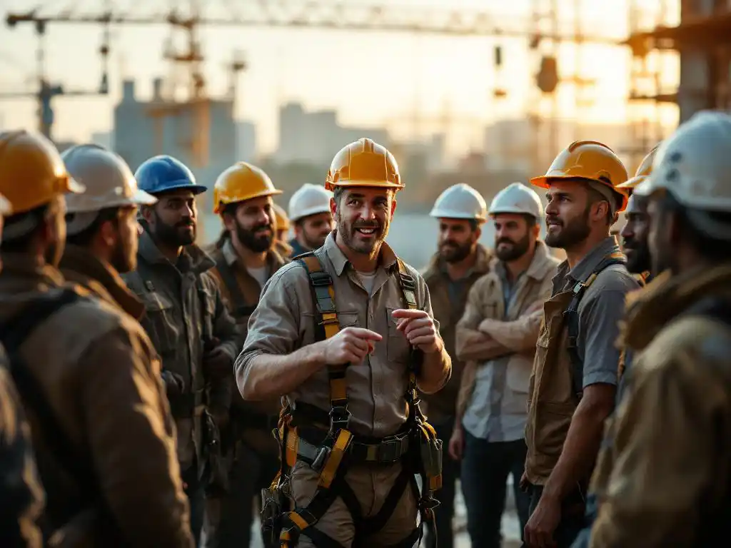 Safety supervisor demonstrates harness techniques to diverse group of construction workers on active job site at golden hour.