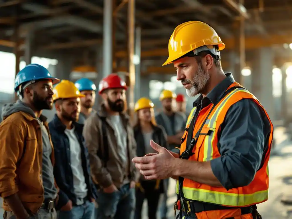 Construction supervisor in yellow hard hat demonstrating safety harness technique to diverse group of workers at job site.
