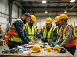 Construction supervisor demonstrating hard hat safety to workers in high-visibility vests during warehouse training session
