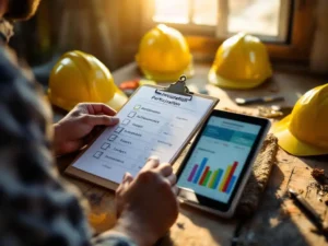 Construction supervisor holding clipboard with attendance checkmarks and digital tablet showing charts on table with hard hats