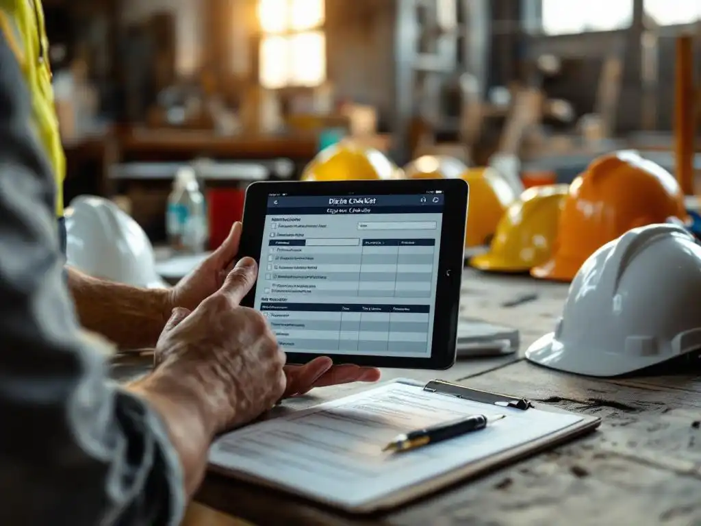 Construction supervisor holding tablet with digital checklist interface, surrounded by hard hats and safety equipment on table