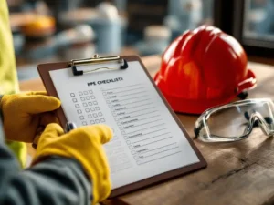 Construction supervisor holding PPE safety checklist on clipboard wearing yellow gloves with hard hat and goggles on table