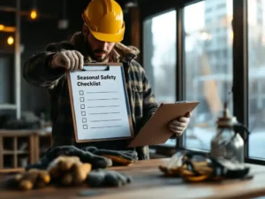 Construction supervisor with yellow hard hat reviewing seasonal safety checklist on clipboard, safety equipment on table
