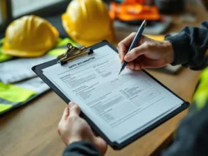Construction supervisor holding clipboard with safety documentation while pen hovers over forms, safety gear visible on table