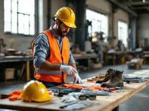 Construction supervisor in hard hat pointing to safety equipment including high-visibility vest, gloves, and boots on table
