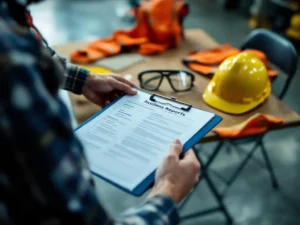 Construction supervisor reviewing safety incident reports with hard hat, goggles, and high-visibility vest on workshop table