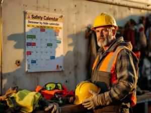 Construction supervisor holding yellow hard hat next to safety calendar on job site with PPE equipment on workbench