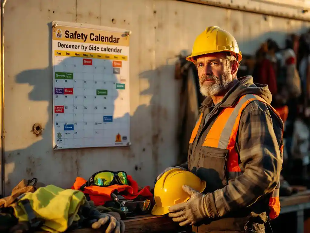 Construction supervisor holding yellow hard hat next to safety calendar on job site with PPE equipment on workbench