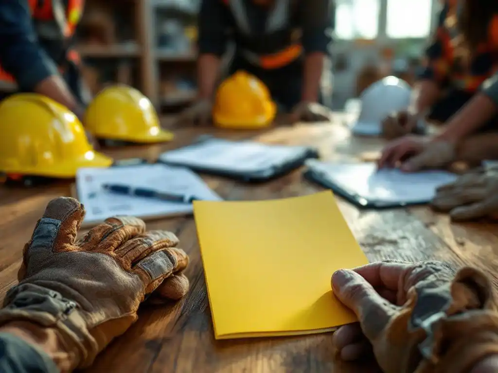 Construction supervisor placing yellow safety manual on table with colorful hard hats and safety checklists nearby.
