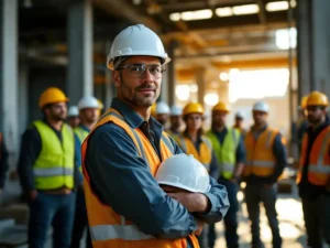 Construction supervisor holding safety helmet addresses group of workers in hard hats and safety vests at industrial job site