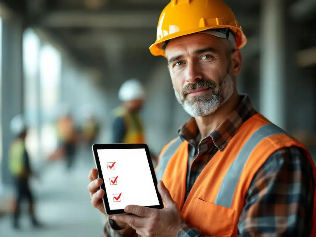 Construction supervisor in hard hat and safety vest holding tablet with attendance checkmarks at active job site
