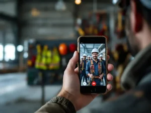 Construction supervisor on video call with hard-hatted workers on smartphone, standing by safety equipment display in warehouse
