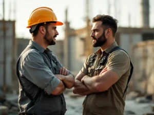 Construction supervisor holding safety helmet discusses with worker on concrete construction site with scaffolding background.