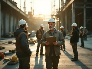 Construction supervisor with clipboard instructing hard-hatted workers at industrial building site with steel beams.