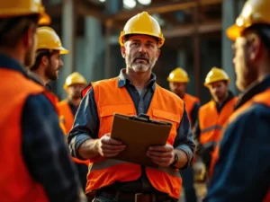 Construction supervisor addressing workers in hard hats and safety vests at industrial building site during golden hour