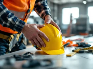 Construction worker adjusting yellow hard hat while wearing safety glasses and high-visibility vest in industrial workshop