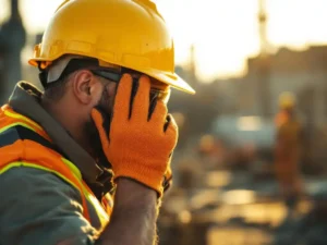 Construction worker adjusting yellow hard hat while wearing orange safety gloves and high-visibility vest at worksite