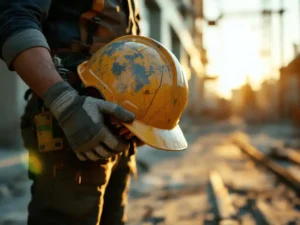 Construction worker holding cracked safety helmet at job site with scaffolding and power tools in background during golden hour