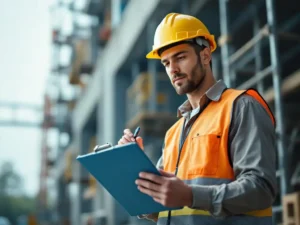 Construction worker in yellow hard hat and safety vest documenting incident on clipboard at industrial worksite