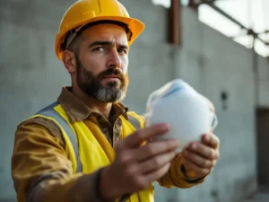 Construction worker in yellow hard hat and safety vest examining N95 respirator mask at concrete building site
