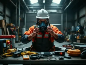 Construction worker adjusting respirator mask with PPE safety equipment around confined space manhole in industrial setting