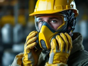 Construction worker adjusting yellow respirator mask with safety goggles and chemical-resistant gloves in industrial setting