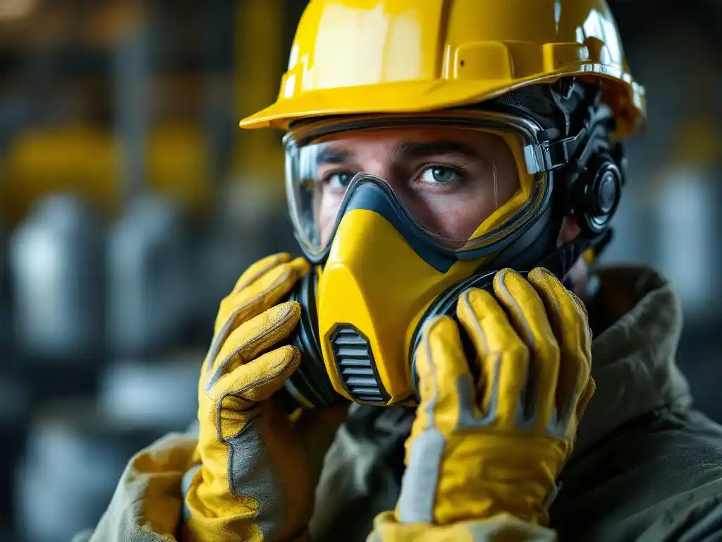 Construction worker adjusting yellow respirator mask with safety goggles and chemical-resistant gloves in industrial setting
