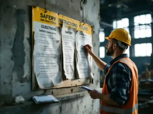 Construction worker in yellow hard hat scratching head while looking puzzled at weathered safety instruction board in warehouse