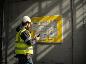 Construction worker in safety vest walking past yellow safety bulletin board while looking at smartphone in industrial workplace.