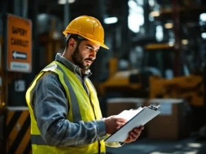 Construction worker in yellow safety vest and hard hat reviewing safety checklist on clipboard near industrial machinery.