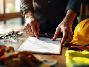Construction worker holding yellow hard hat while pointing to safety checklist, with PPE equipment on wooden table