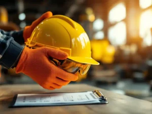 Construction worker holding yellow hard hat with safety clipboard on table at industrial worksite