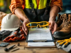 Construction worker's hands holding safety equipment including hard hat, glasses, and high-vis vest with clipboard on table